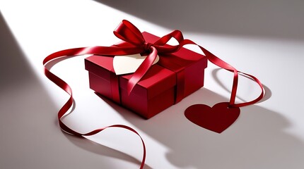 A red gift box with a delicate satin ribbon tied in a elegant bow and a heart-shaped tag made of high-quality paper, placed on a seamless white background.