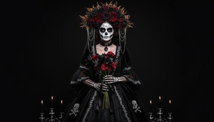 Fototapeta premium goth calavera sugar skull - black floral latina woman