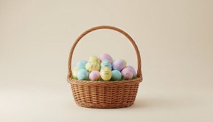 Fototapeta premium easter eggs in a basket on a tan background