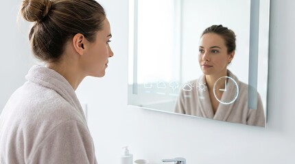 Fototapeta premium Woman looking at smart mirror in the bathroom