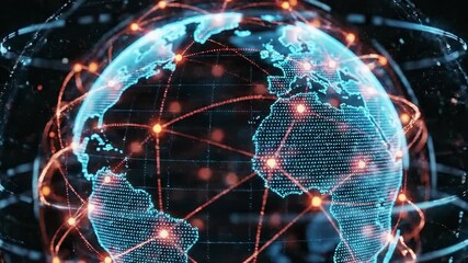 A digital globe shows network nodes and connection lines across continents. Concept of global connectivity and data communication. - Powered by Adobe