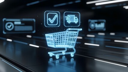 Futuristic Digital E-commerce Concept with Glowing Shopping Cart and Delivery Truck Icons on a Dark Abstract Background
