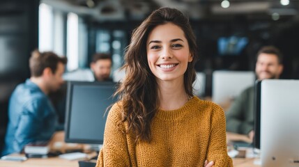 A young woman in a cozy sweater smiles confidently while standing in an office. Colleagues are focused on their work at nearby computer desks. The atmosphere is friendly and productive.
