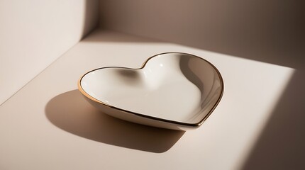 Photo of a luxury heart-shaped ceramic jewelry dish with subtle gold edging and delicate curves, photographed in a professional studio with softbox lighting.