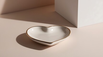 A photo of a luxury heart-shaped ceramic jewelry dish with subtle gold edging and delicate curves, photographed in a professional studio with softbox lighting.