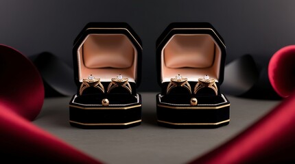 Photo of a pair of elegant gold rings with intricate details and subtle textures, placed side by side inside a luxurious velvet ring box with a soft, crimson interior.