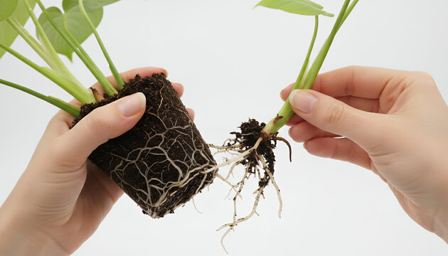 Repotting Houseplant: Close-up of hands separating a root-bound seedling and exposed roots against a clean, isolated white background.