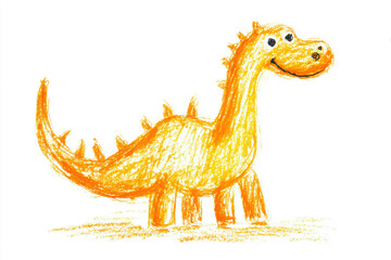 Child-drawn pencil doodle of a friendly dinosaur, simple shaky lines, isolated on white background, playful and cute, rough pencil marks, kid-like art, happy design