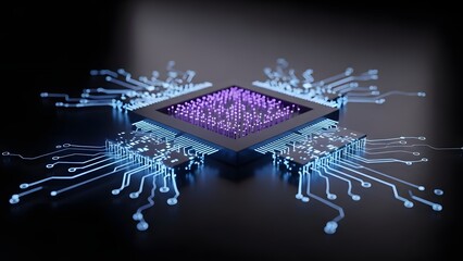 High-Tech Microprocessor Microchip with Glowing Blue and Purple Circuit Lines for Advanced Artificial Intelligence Processing