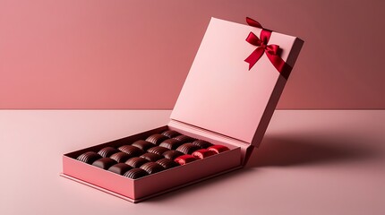 Photo of a premium Valentine chocolate box with a magnetic closure partially opened, revealing assorted rich brown and red chocolates, studio lighting setup with soft highlights.