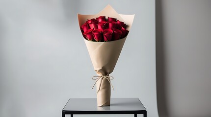 A professional photo of a romantic bouquet of long-stemmed red roses wrapped in simple minimal kraft paper with a subtle twine tie, standing upright on a sleek studio table against a neutral light.