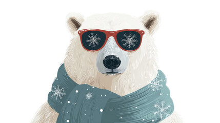 Polar bear in dark sunglasses - flat style, isolated on white, snowflake pin, cozy scarf