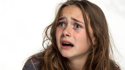 A girl with scary motion, realistic life, authentic human emotion on a clean white background, ultra-realistic photography style