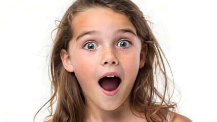 A girl with a surprised expression, realistic life, and authentic human emotion,  on a white background