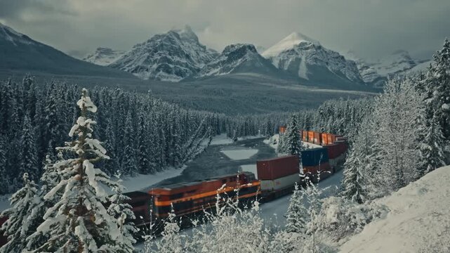 Cinematic Aerial View of Cargo Train Travelling Throuh Snowy Winter Landscape
