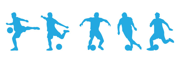 Dynamic blue silhouettes of soccer players in various action poses with ball