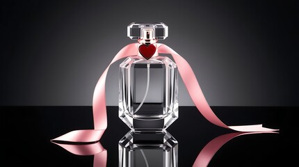 professional photo of an elegant crystal perfume bottle with a delicate Valentine ribbon accent wrapped around its slender neck, studio shot using soft rim lighting.