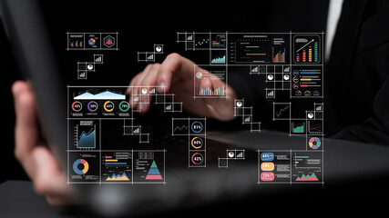 A big data visualization and business analytics dashboard grid. A complex collection of charts and graphs for comprehensive company reporting. Motif