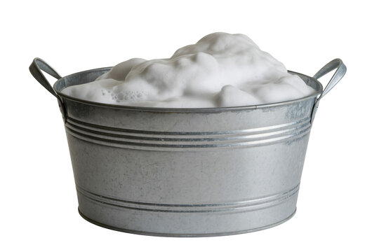 Foamy laundry in galvanized metal bucket with soft studio lighting for household chores