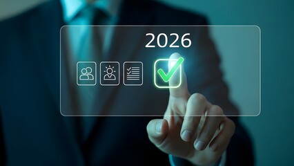 Businessman Selecting Goal Checklist on a Digital HUD Interface with 2026 Target and Green Checkmark Icon