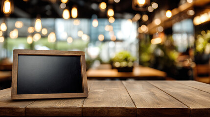 The menu on the table in the restaurant with blurred background. Design template or mockup with copyspace