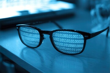 glasses with binary code reflection on desk at night. Programming work late night