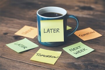 coffee cup with later and tomorrow note. Work procrastination and lazy concept