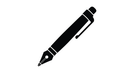 A simple black and white illustration depicting a classic fountain pen with a visible nib