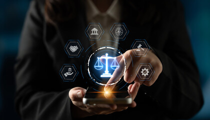Futuristic digital law interface displaying justice scale, highlighting digital law, AI compliance,...