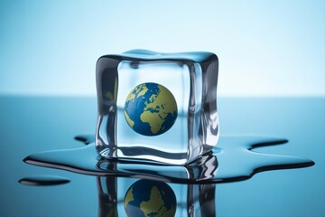 earth globe in melting ice cube. Hotter climate change concept