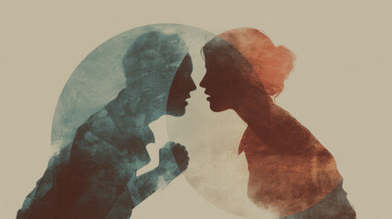 Conceptual depiction of inner conflict as two overlapping silhouettes pulling in opposite directions, muted tones