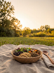 Delicious Vegan Buddha Bowl Picnic in Golden Hour Sunset