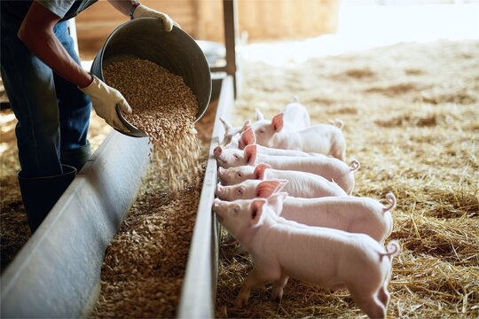 farmer pour pig feed into trough for young piglet herd