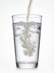 Granular Powder Dissolving into Clear Water with Ice Cubes in Glass