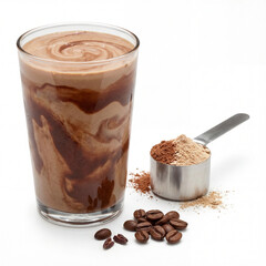 Chocolate Protein Shake with Coffee Beans and Protein Powder on White