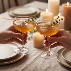 Romantic Toast with Elegant Cocktails and Thyme by Candlelight
