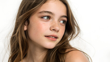 Portrait of a smiling young brunette woman with natural makeup in a studio close-up