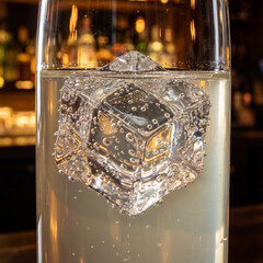Effervescent Ice Cube in Sparkling Beverage at a Bar with Bokeh Background