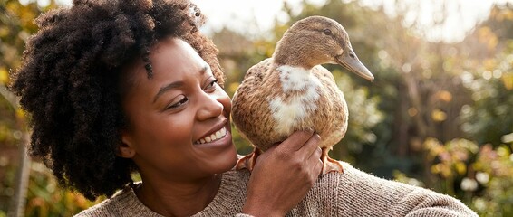 Woman is cuddling with her companion pet duck