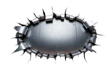 Damaged metal sheet with torn edges in dramatic lighting on white background for industrial design