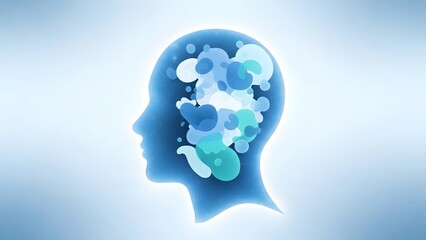 Blue silhouette of a human head with colorful bubbles representing thoughts and ideas on a gradient background with creativity and inspiration
