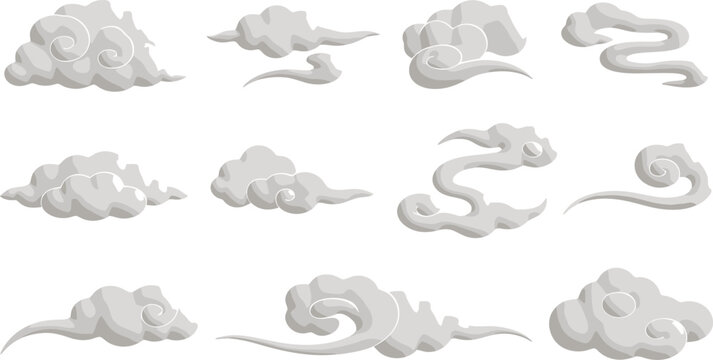 Set of detailed stylized oriental clouds illustrations for decorative purposes in various flowing shapes