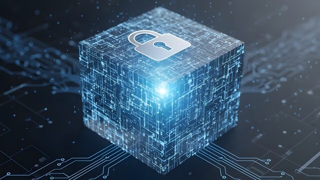 Glowing blue digital cube with padlock on top representing cybersecurity and data protection on a dark circuit board background with futuristic technology - Powered by Adobe