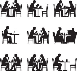 Fototapeta premium Collection of silhouettes of people dining and working at tables isolated on transparent background