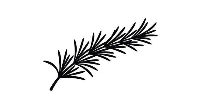 A simple black and white illustration depicts a single sprig of rosemary showcasing its needle like leaves