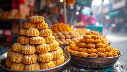 Close-up of arranged golden-brown sweets in metal trays on a street market. Blurred background shows people, vendors, and more treats