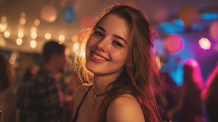 Gorgeous woman at a party. Gorgeous girl grinning and staring at the camera at a party