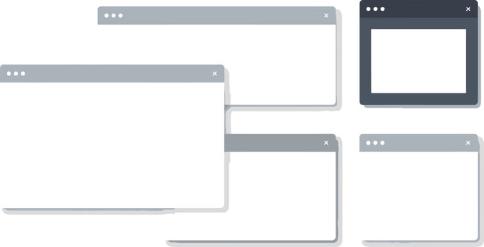 Set of five various blank browser and operating system windows interface frames for website mockups and graphic design templates