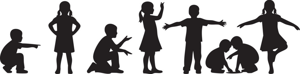 Diverse group of children in various playful poses silhouette isolated on transparent background