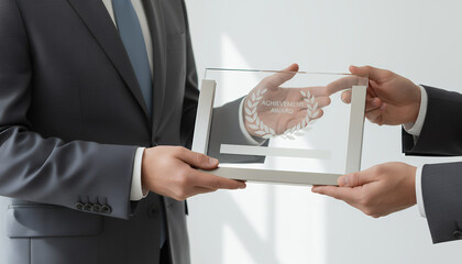 Corporate Achievement Award. Businessman giving or receiving a glass trophy for professional recognition, success, and excellence in business.